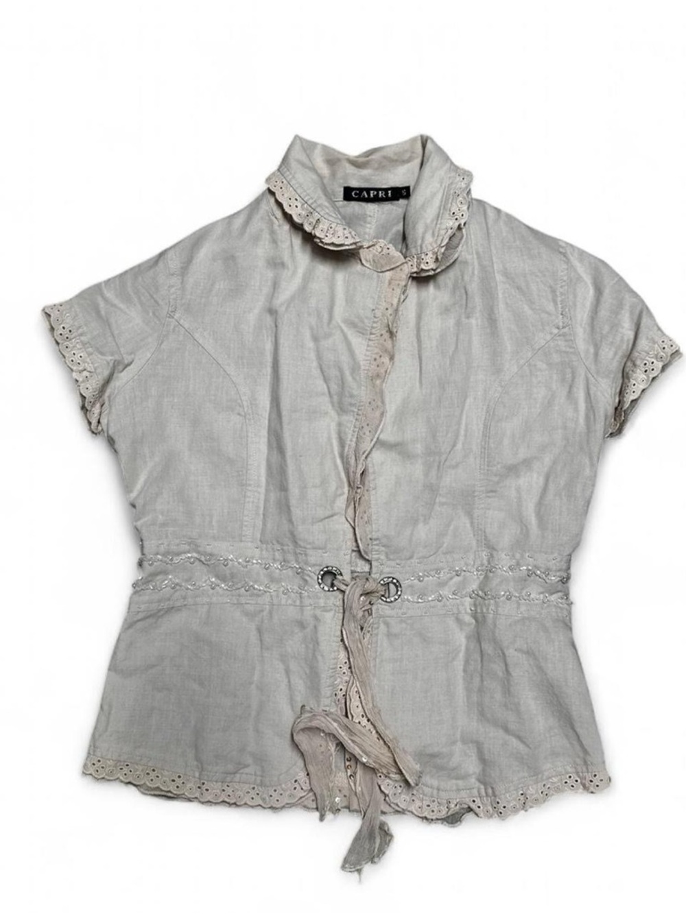 Capri Vintage Y2k/90d Light Cream Linen Blend Short Sleeve Blouse with Tie Waist